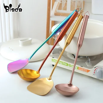 

2Pcs Kitchen Utensils Stainless Soup Spoon Porridge Cooking Ladle Turner Frying Tools Golden Spatula Ladle Kitchenware Set Euro