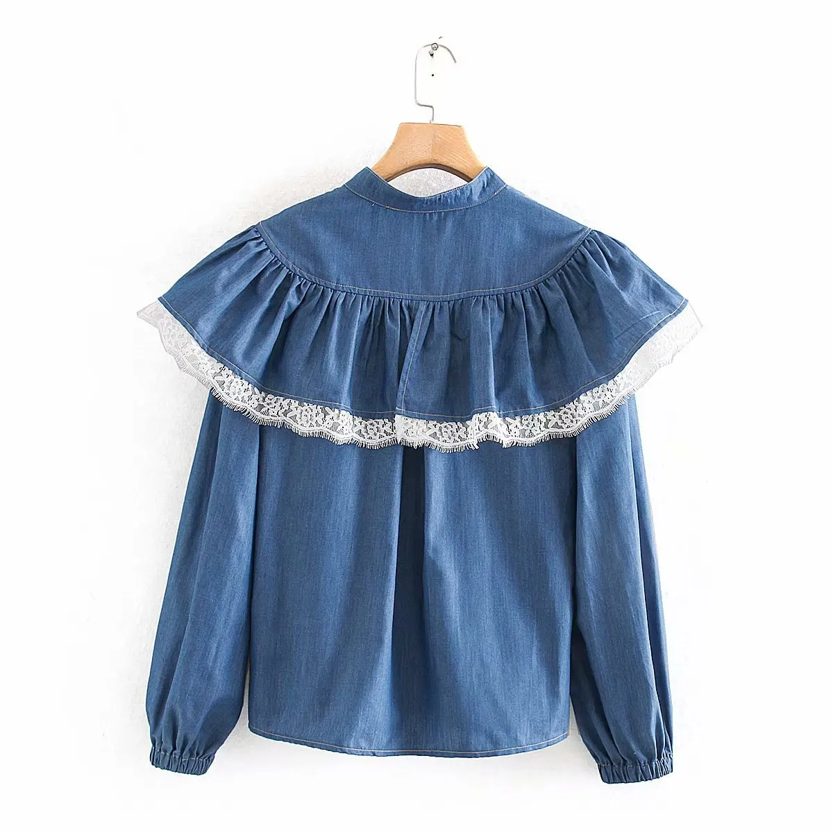В винтажном стиле С кружевными оборками Джинсовая блузка для женщин blusas mujer de moda