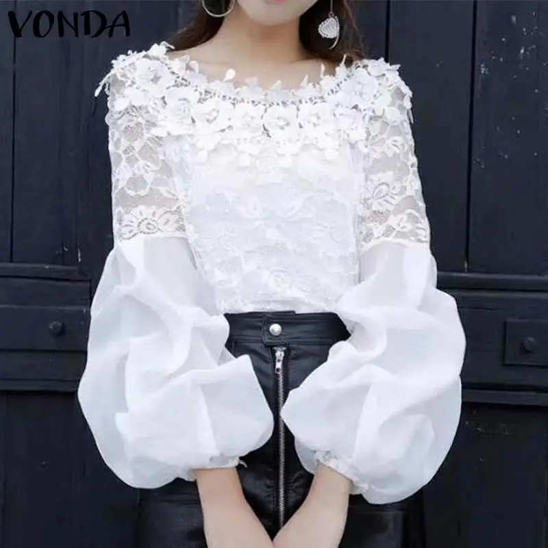 Shirts Blouse Lantern-Sleeve Party-Tops Lace Women Tunic VONDA Vintage Off-Shoulder Plus-Size