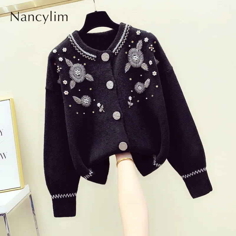 

Autumn and Winter Bead Sequin Knitwear Coat Cardigan Sweater Women 2019 New Korean Loose Sweater Cardigan Femme Black White