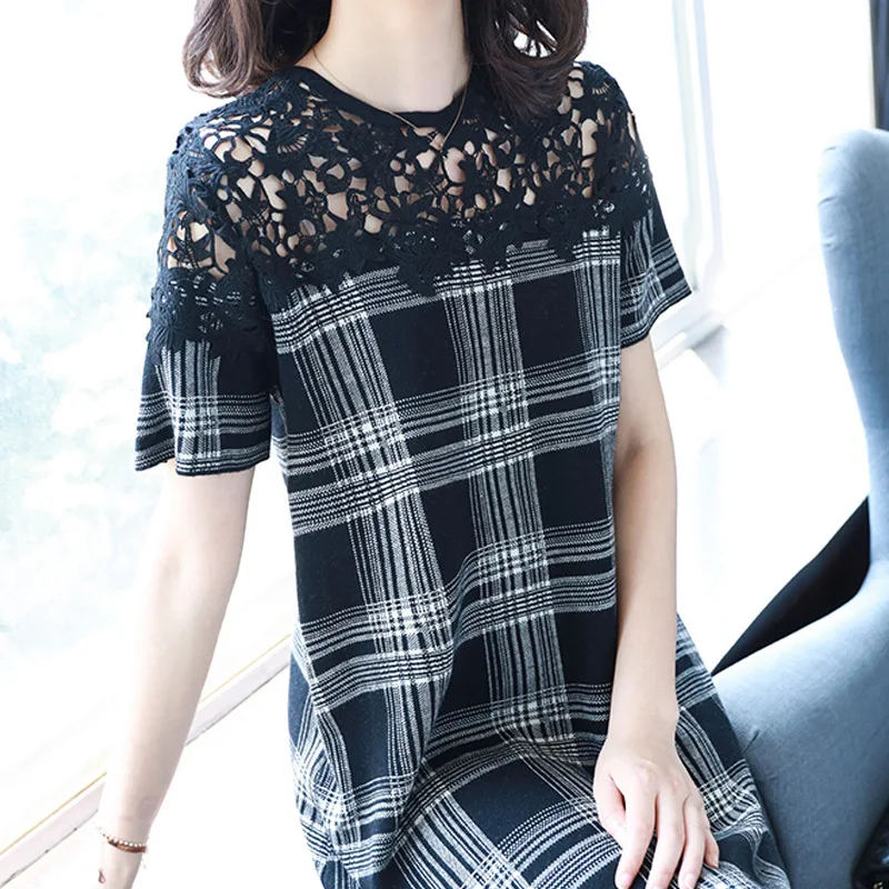 

Ozhouzhan Lace Joint Jersey Dress Women's 2019 Popular Skirt Loose-Fit Plaid Elegant Autumn Clothing New Style