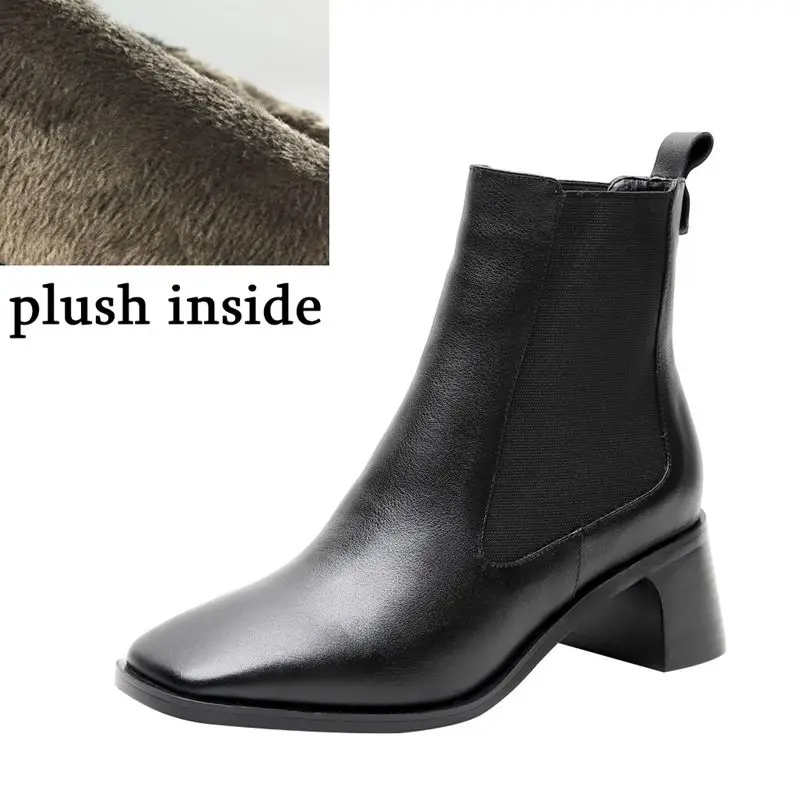 plush inside ALLBITEFO/выразительные женские ботинки из натуральной кожи; однотонные модные ботинки; сезон осень-зима; удобные ботильоны с квадратным носком - Цвет: plush inside