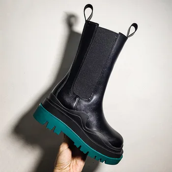 

Fall Winter New Classic Mid-Calf Elastic Band Belt Women shoes Round Toe Flat Platform Colorful Bottom Riding Boots size 35-40