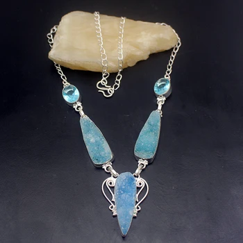 

Natural Sepcail Druzy BlueTopaz 925 Sterling Silver Color Charms Gifts Pendant Necklace 19 Inch H451