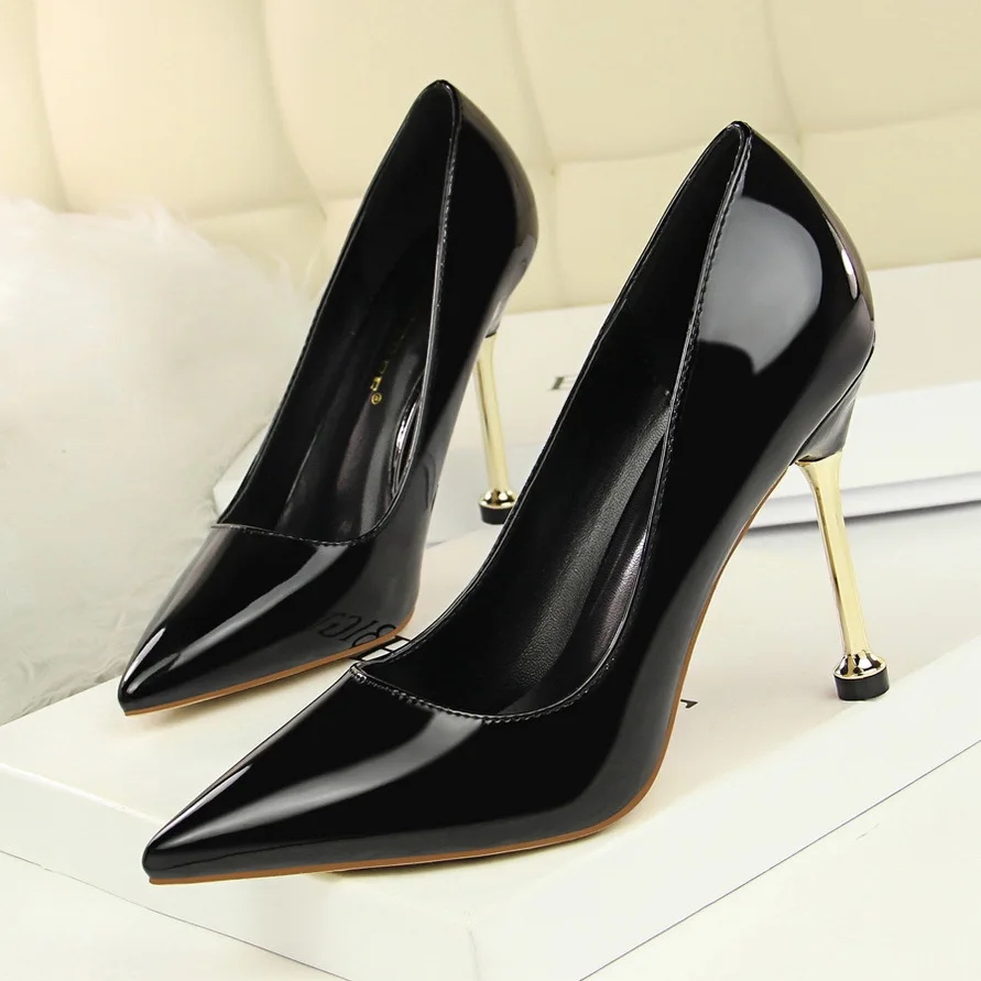 

171-2 Korean-style High Heel Shoes Simple Patent Leather Ol High Heel Shoes Slimming Thin Heeled High-Heel Business Low-Cut Visc