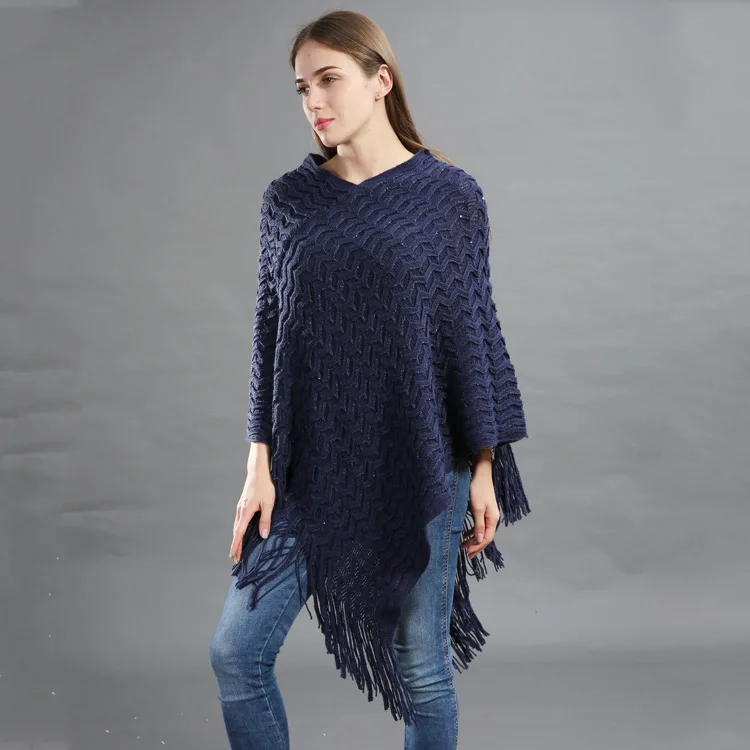 navyblue Осень Зима Новое Женское пончо кисточкой Женская Пашмина роговые пуговицы шали шарф женский свободный пончо накидка женские шали - Цвет: navyblue
