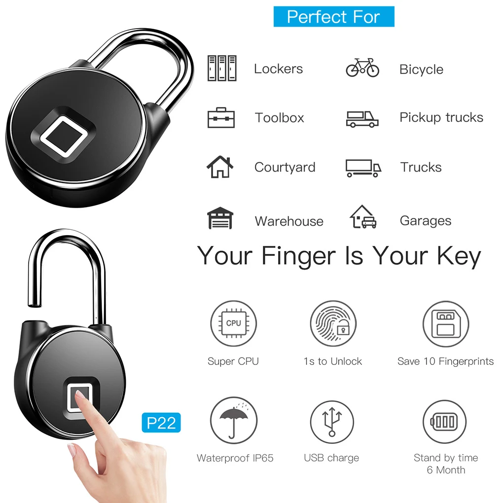 USB Перезаряжаемый смарт-замок без ключа с отпечатком пальца IP65 Водонепроницаемый Противоугонный защитный замок дверной чехол