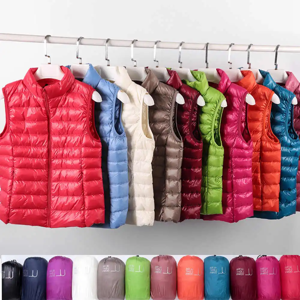 Abrigo ultradelgado para mujer, chaqueta fina con cuello levantado, a prueba de viento, acolchada, sin mangas, portátil, plumón de pato