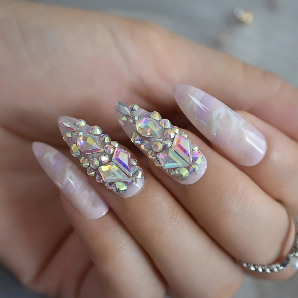 Gorgeous Luxury Press On Nails Extra Long Light Marble Colorful Crystal Faux Ongles with Large Rhistones AB Perfect Party