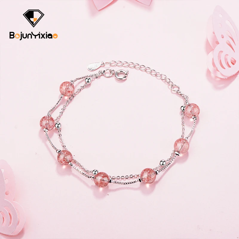 

Natural Double Layer Pink Crystal Bracelet 925 Silver Fashion sweet Sen student bracelet Temperament Women's Bracelet Jewelry