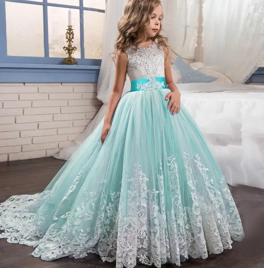 turquoise Vestidos de primera comunión/Новинка; кружевное платье с аппликацией из Алина, бирюзы, лаванды, розовый мятный зеленый, бордовый цвет; Свадебные Платья с цветочным узором для девочек - Цвет: turquoise
