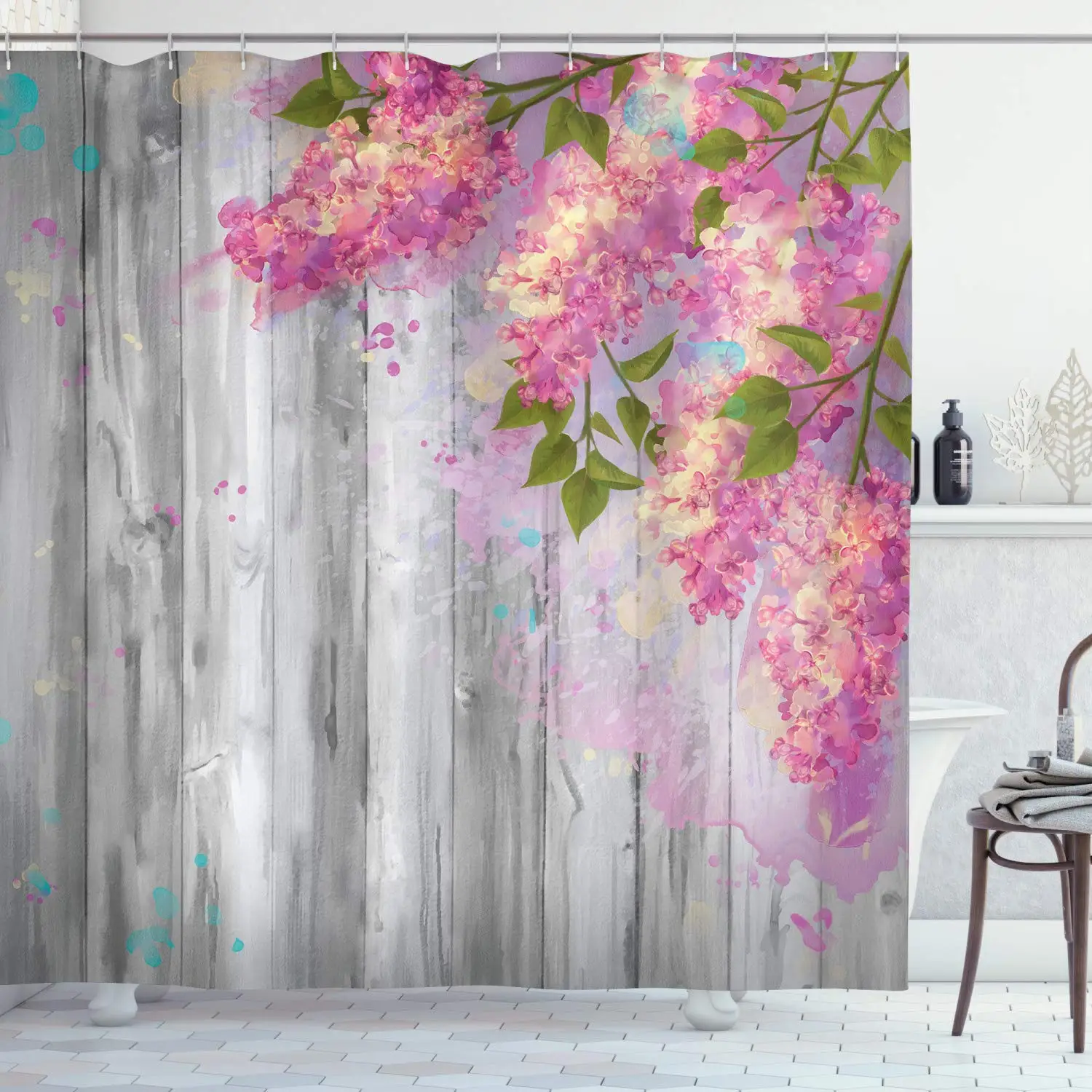 

Flower Shower Curtain by, Floral Decor Watercolor Style Effect Branches of Lilac on Wooden Background Print, Fabric Bathroom