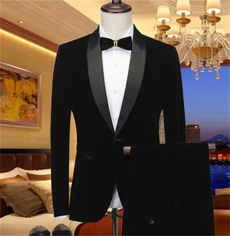 Черный бархатный мужской костюм с отворотом, мужской пиджак, брюки, повседневный однобортный мужской приталенный костюм, смокинг, пиджак для жениха, свадебный костюм