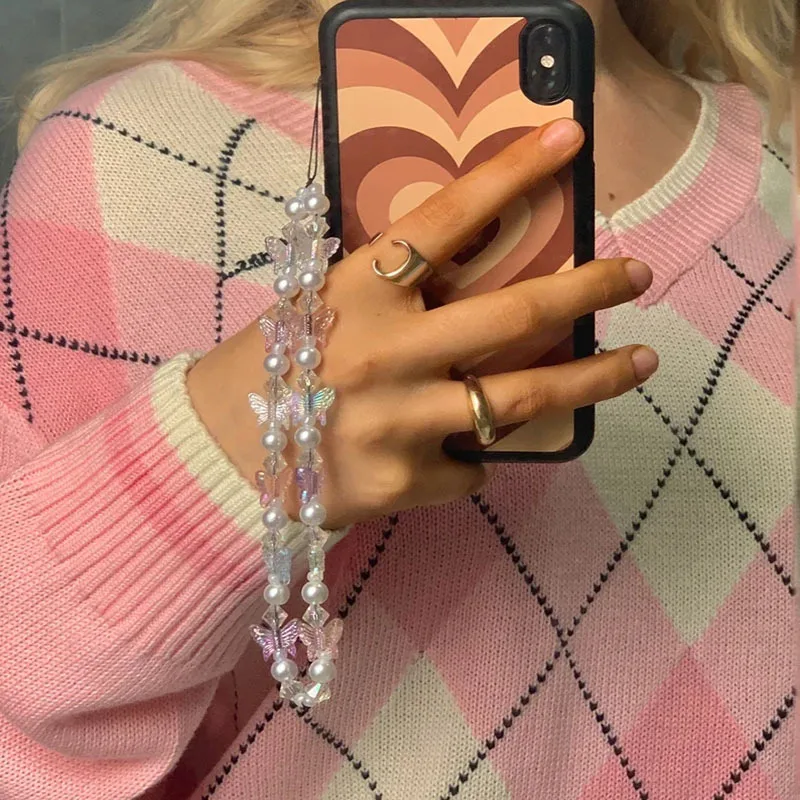 New Arrival Phone Chain Lanyard Beads Butterfly Charm Mobile Straps Anti-Lost Cell Hand Made String 34cm |