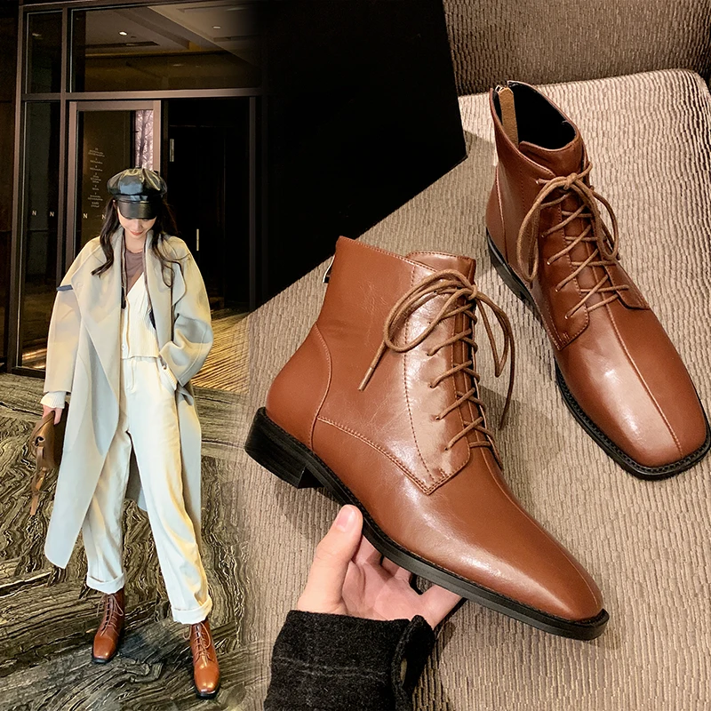 

INS HOT Women Ankle Boots Natural Leather Cowhide Square Head Horse Oil Skin Spring and Autumn Fashion All-match Womens Boots