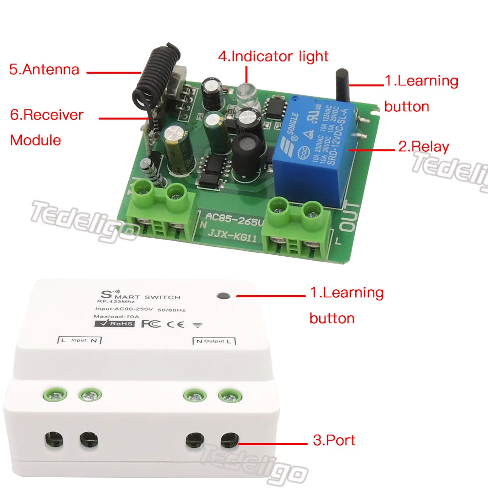 433MHz, Receptor de Controle Remoto, AC 90-250V,