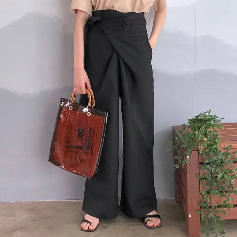 Осень, винтажные офисные женские элегантные черные брюки в Корейском стиле, женские свободные широкие штаны с высокой талией, простые женские модные брюки
