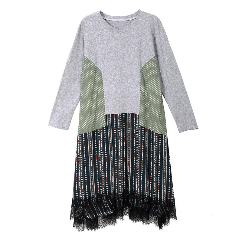 XITAO, винтажное модное женское платье с кружевным подолом, весна, лоскутный пуловер в полоску, маленький свежий длинный рукав, платье для миноритарных женщин DMY2239