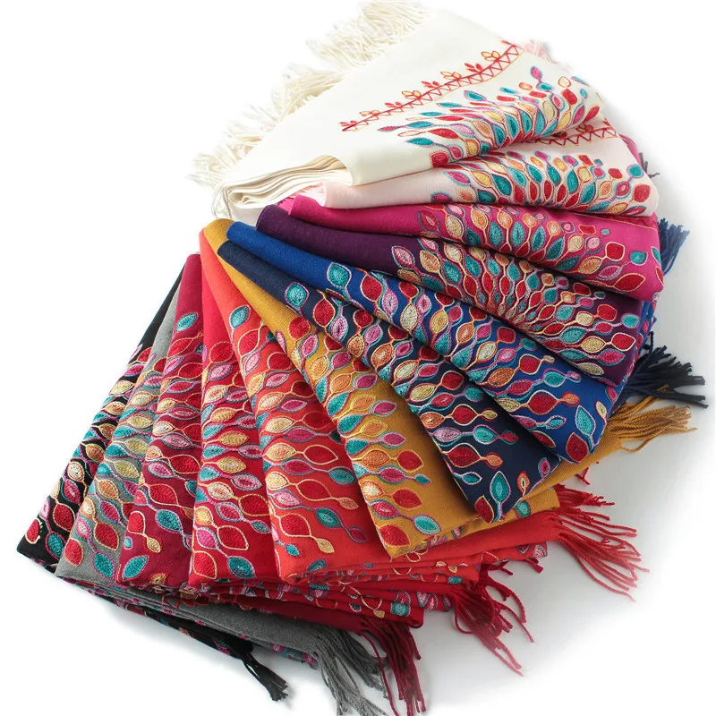 

2019 winter New scarf women vintage Embroidery thick warm cashmere scarves shawls and wraps pashmina ladies bandana echarpe