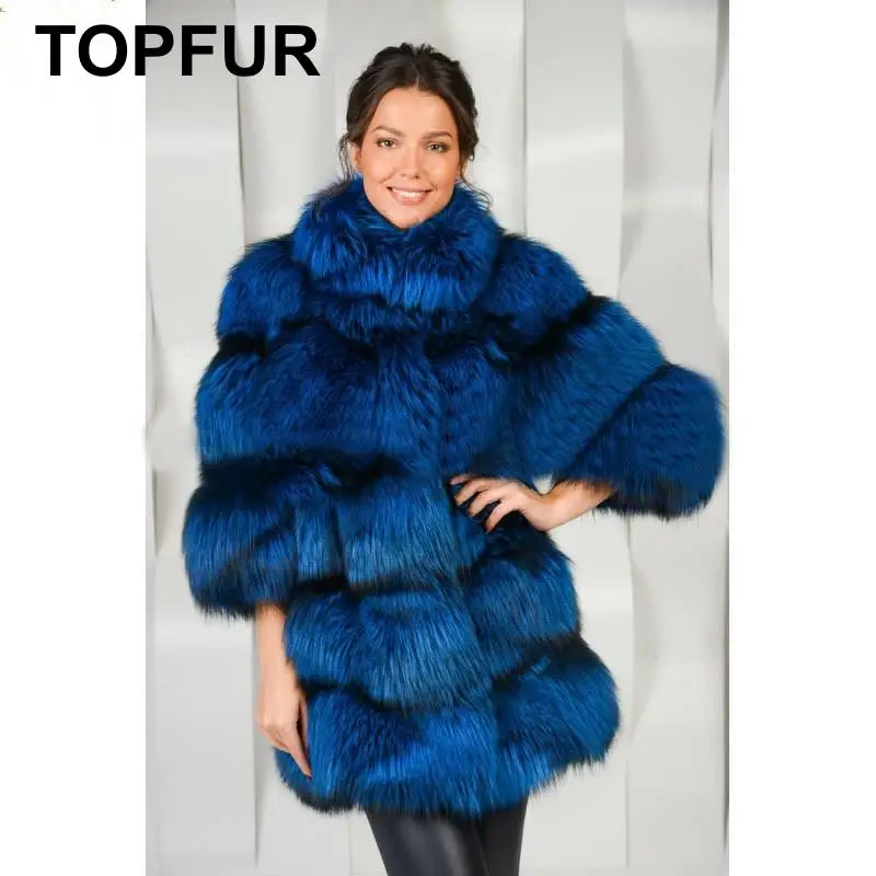 TOPFUR Новое модное зимнее пальто из натурального меха для женщин, Толстая куртка с меховым воротником, синяя Роскошная верхняя одежда из натурального Лисьего меха