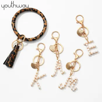 

2 pcs set Keyring Bracelet Large Circle PU leather Tassel Bangle freshwater pearl Initial Keychain Wrist Strap