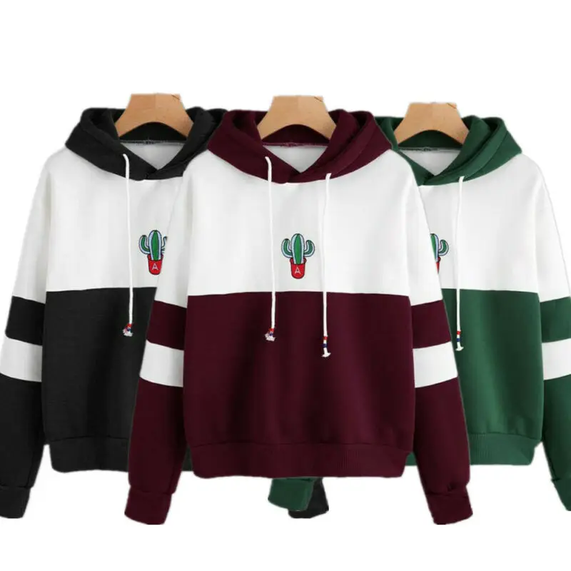 

Ladies Casual Sporty Pullovers Sweatshirt Dropshipping Drawstring Color Block Cactus Embroidered Hoodie SpringAutumn Long Sleeve