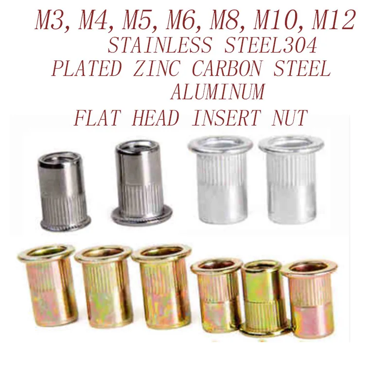 

M3M4M5M6M7M8M10M12 zinc plated carbon steel stainless steel 304 Aluminum flat head knurled threaded rivet nut insert nut 443