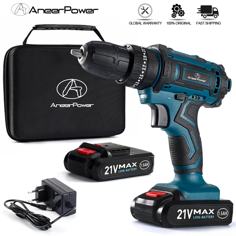 2 Speed Cordless Impact Drill 21V Electric Screwdriver Home Mini 1500 Mah 18650 Lithium Battery Wireless Rechargeable Hand Drill