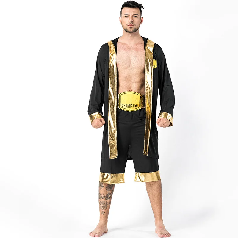 Men Adult Black Boxing Robe Costume Boxer Match Rocky Balboa Outfit Halloween Fancy Dress | Тематическая одежда и униформа
