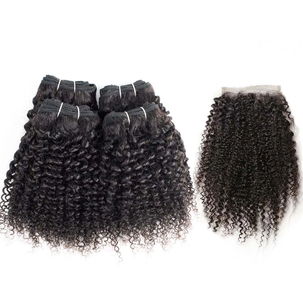 50g/pc 4/6 Bundles with 4x1 Lace Closure Middle Part Kinky Curly Natural Color Remy Human Hair 10 12 inch Short Bob Style
