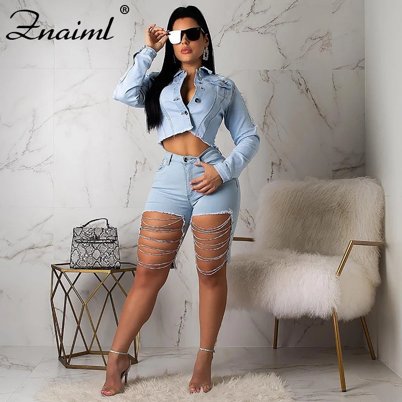 

Sexy Cowboy Women's Two piece Sets Denim Chain Hole Jacket Suits Hollow Out Casual Long Sleeve Jean Crop Tops Shorts Party 2020