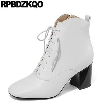 

square toe chunky booties 10 vintage front lace up casual ankle boots autumn fall 11 winter fur women big size shoes plus white