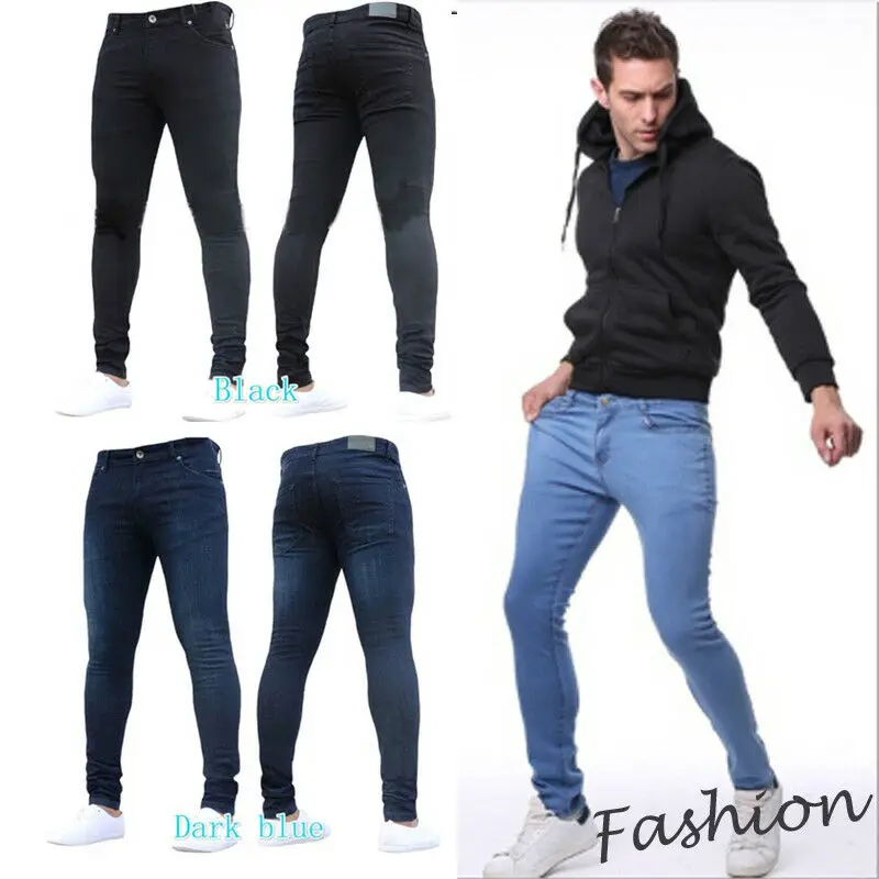De moda de los hombres pantalones vaqueros ceñidos de Color sólido lápiz pantalones estrechos de hombre Fit Frayed pantalones de mezclilla negro azul claro azul oscuro