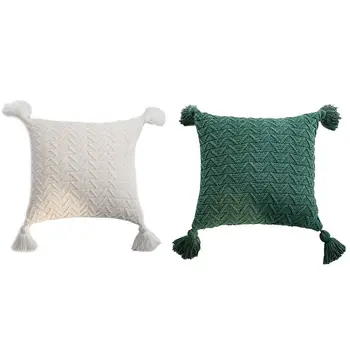 

2pcs Knit Cuhion Cover 45X45Cm Solid Pillow Cove Pink Grey Cream Tassels Home Pillow Case Square - green & white