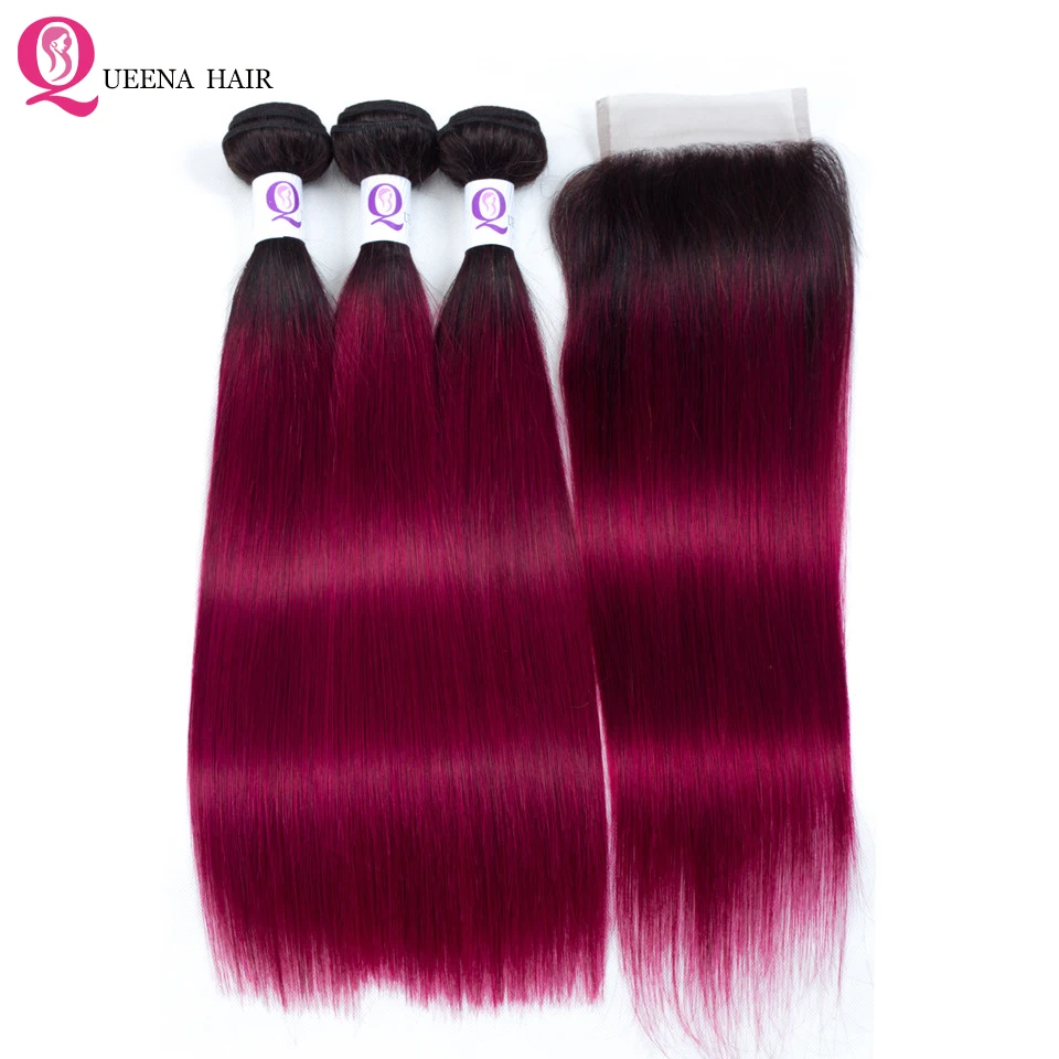 Straight-Hair-Ombre-1B-Burgundy-Bundles-With-Closure-Pre-dyed-Sexy-Color-Malaysian-Human-Hair-Bundles (1)