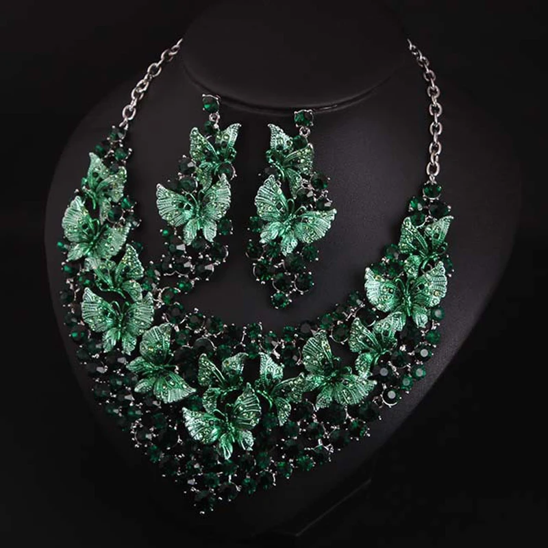 Ожерелье с зелеными бабочками и кристаллами серьги ювелирные наборы для невесты