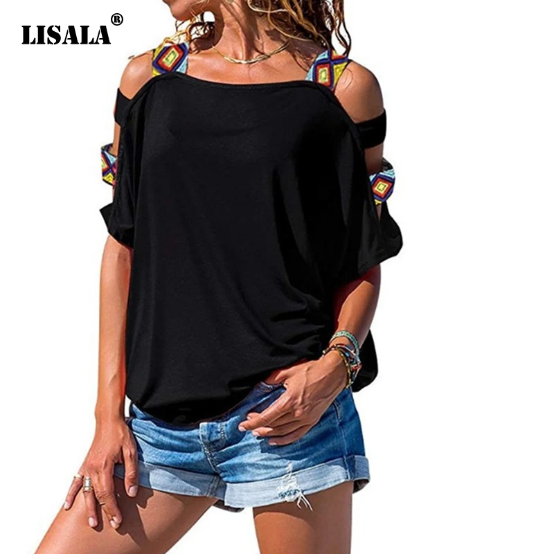 

LISALA Women Bare Shoulder T Shirt New Boho Short Sleeve Cold Shoulder Loose T-shirt Plus size Slash Neck Tops Mujer Verano 2019