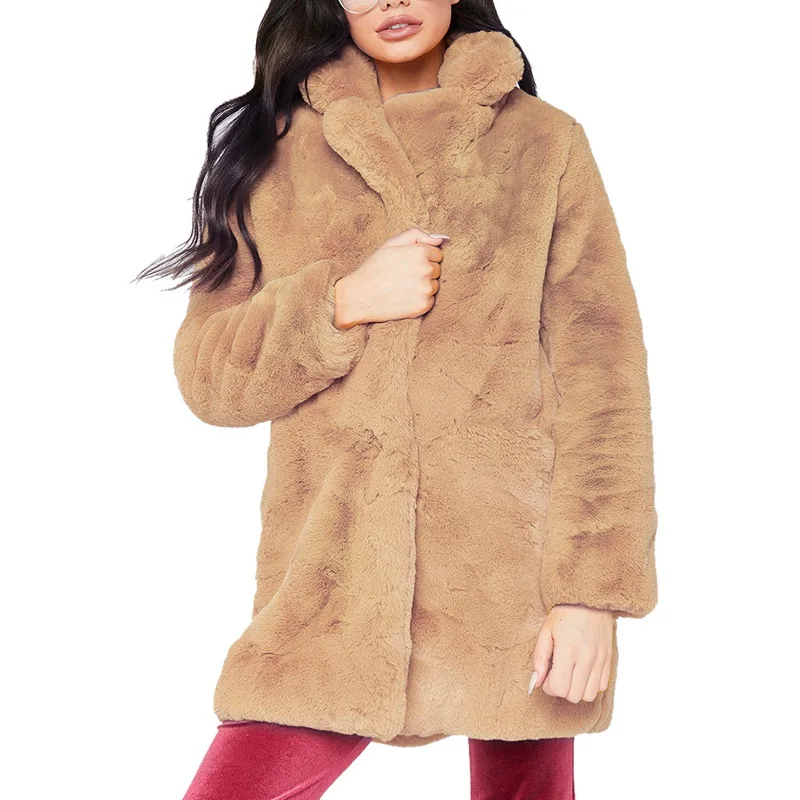 Утолщенное пальто из искусственного меха для женщин; сезон осень-зима; теплое мягкое свободное флисовое пальто из искусственного меха; Женская плюшевая Повседневная куртка средней длины с отворотами