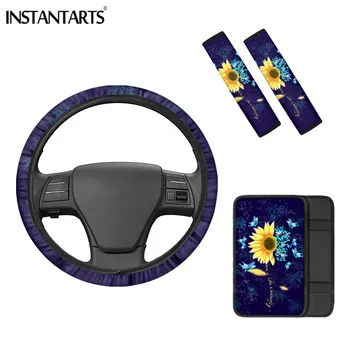 

INSTANTARTS 3Pcs Set Sunflower Print Auto Parts Steering Wheel Cover Seat Belt Covers Armrest Box Cover Men Women Car Universal