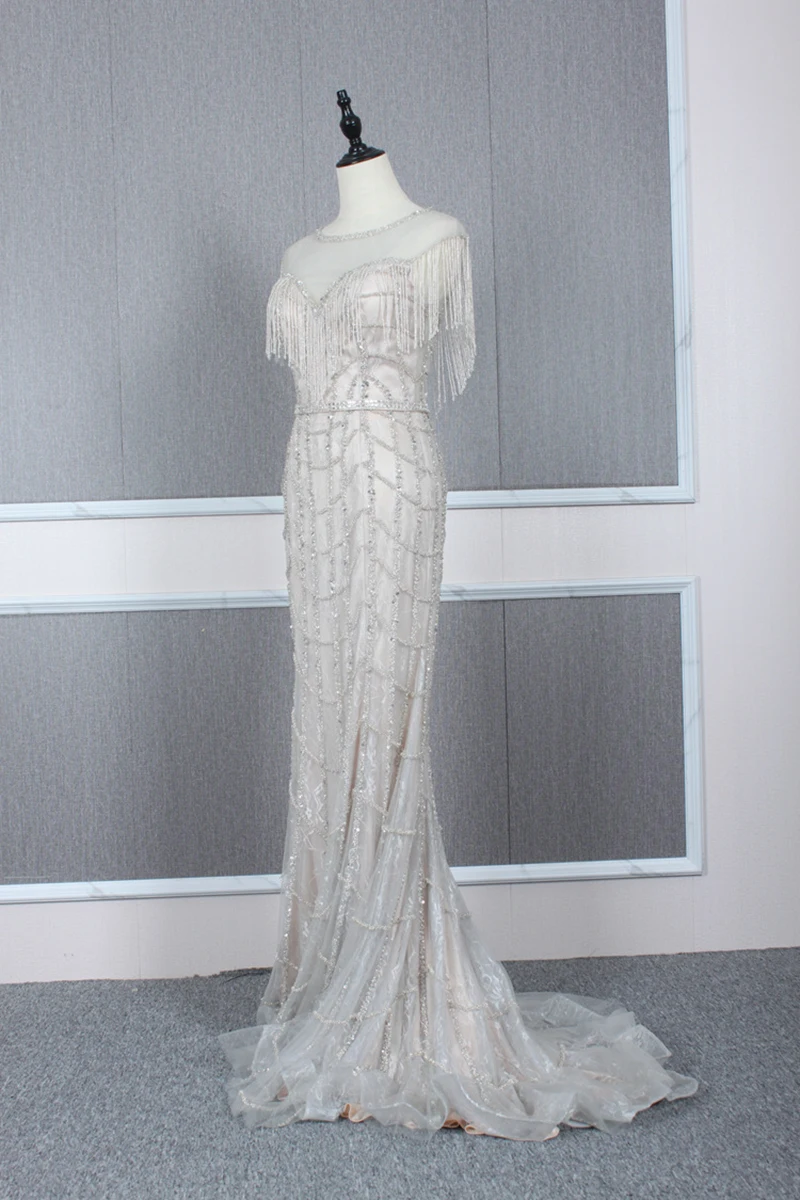 YY163 длинные серебряные платья для выпускного вечера с бисером и кисточками, с круглым вырезом, с рукавом-крылышком, вечерние платья для торжественных событий, элегантные праздничные платья jurken