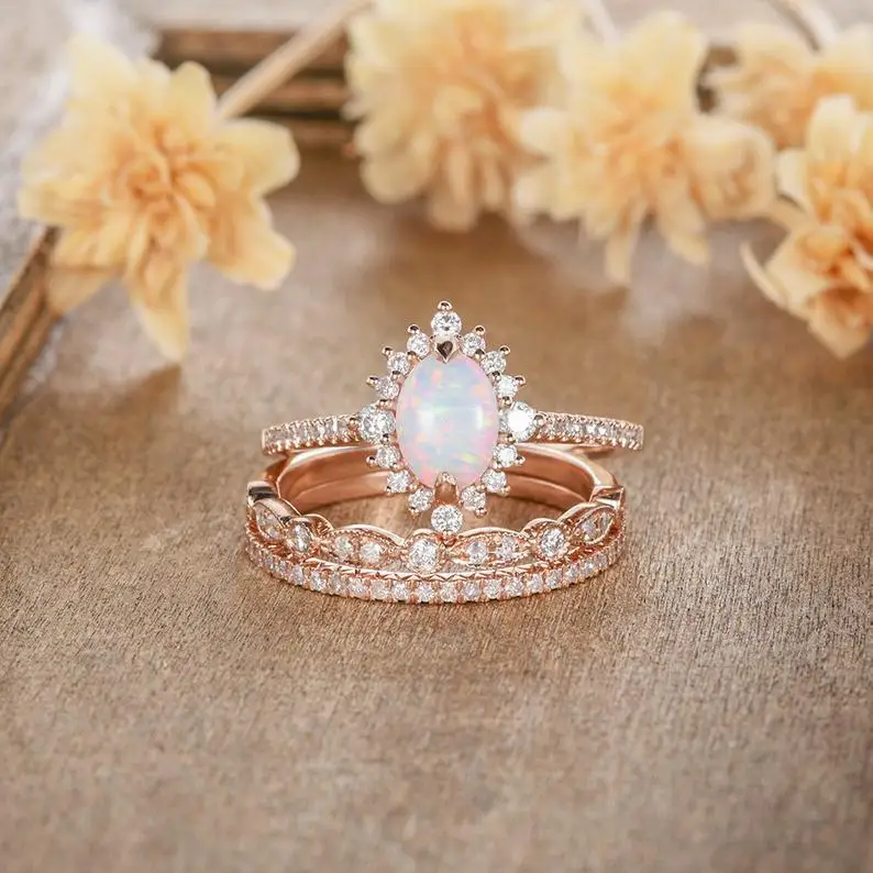 

3Pcs/Set Oval Fire White Opal Rose Gold Rings for Bride Wedding Rings Set Engagement Ring Anniversary Birthstone Jewelry Gifts