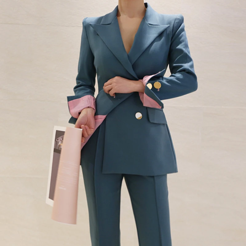 

Office Lady Double-Breasted Blazers Pant Suits Elegant Notched Solid Blazer + High Waist Long Pants Set Work 2 Piece Women Set