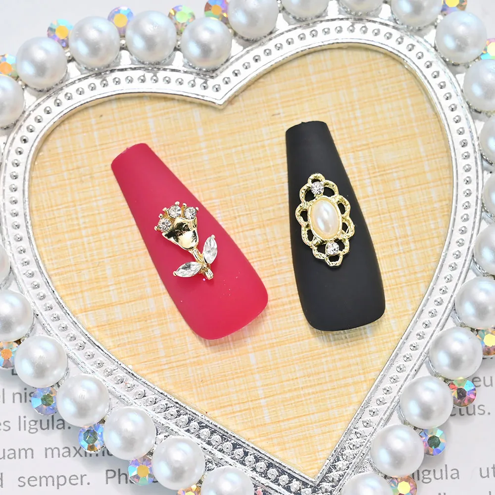 

10Pcs Gold Rose Nail Charms Alloy Rhinestone Hollow/flower Design Nails Decorations Luxury Pearl Diamond 3D Manicure Accessories