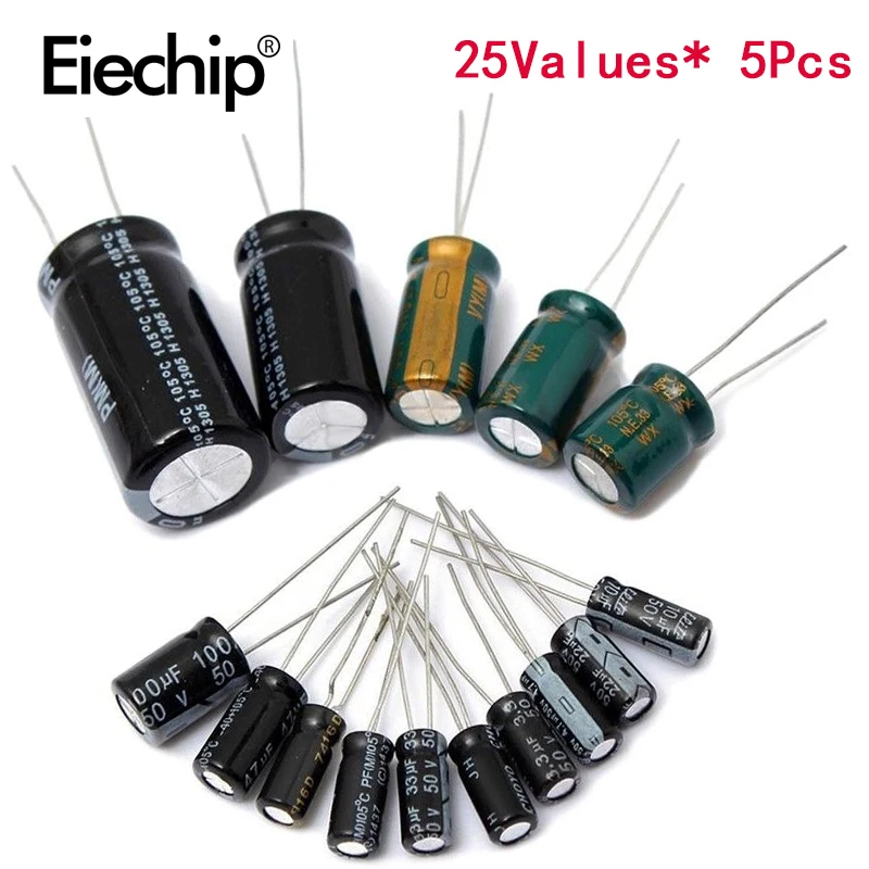125pcs/lot 25value 1uF-2200uF Electrolytic Capacitor Kit 16V/25V/50V Electrolytic Capacitors Assortment set 1000UF 470UF 100UF