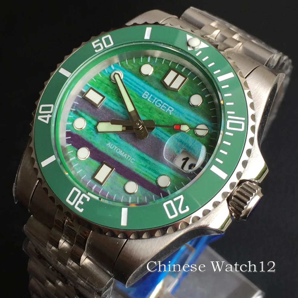 Bliger 40Mm New Green Dial Nh35 Seiko Movement Orologio Da Uomo Oyster Strap Screw Back Chiusura Pieghevole In Cristallo Di Zaffiro