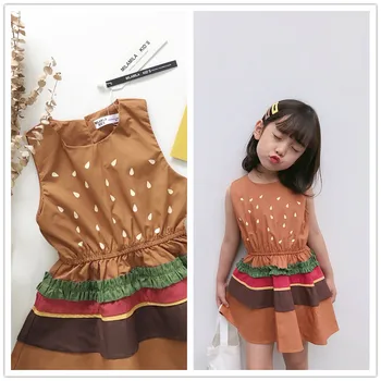 

summer 2020 kids girls dress baby girls clothes Cute hamburger pattern printed sleeveless cotton dress