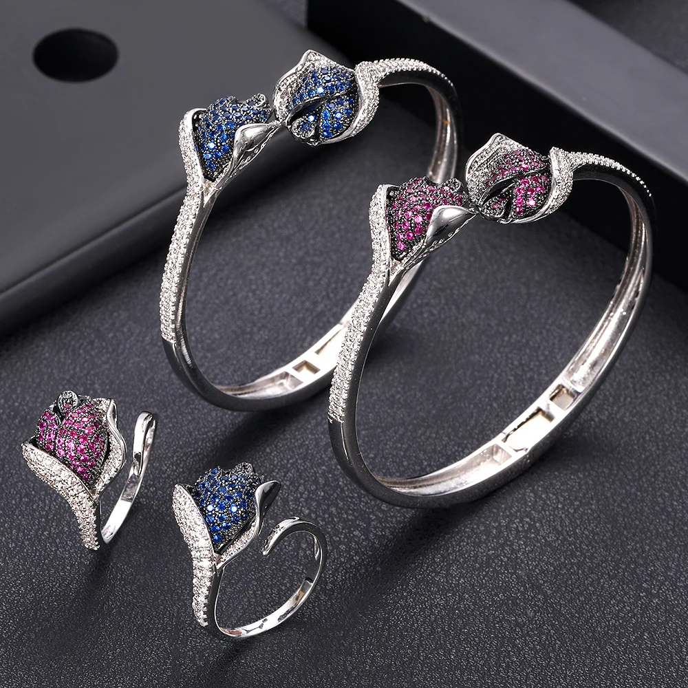 

jankelly Luxury Saudi Arabia Bangle Ring Set For Women Full Micro Cubic Zircon Pave Party Wedding Saudi Arabic Dubai Jewelry Se