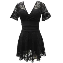 Платье для плавания с коротким рукавом, пуш-ап, женская одежда для плавания, новое платье для плавания размера плюс, сетчатые купальные костюмы со складками, Цельный купальник черного цвета