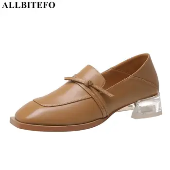 

ALLBITEFO Transparent heel design genuine leather women heels shoes square toe fashion casual high heels women medium heel shoes