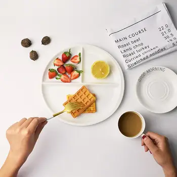 

10 Inch Bone China Plate Simple Porcelain Plate Three Compartments Breakfast Steak Round Ceramic Tableware Home Decor